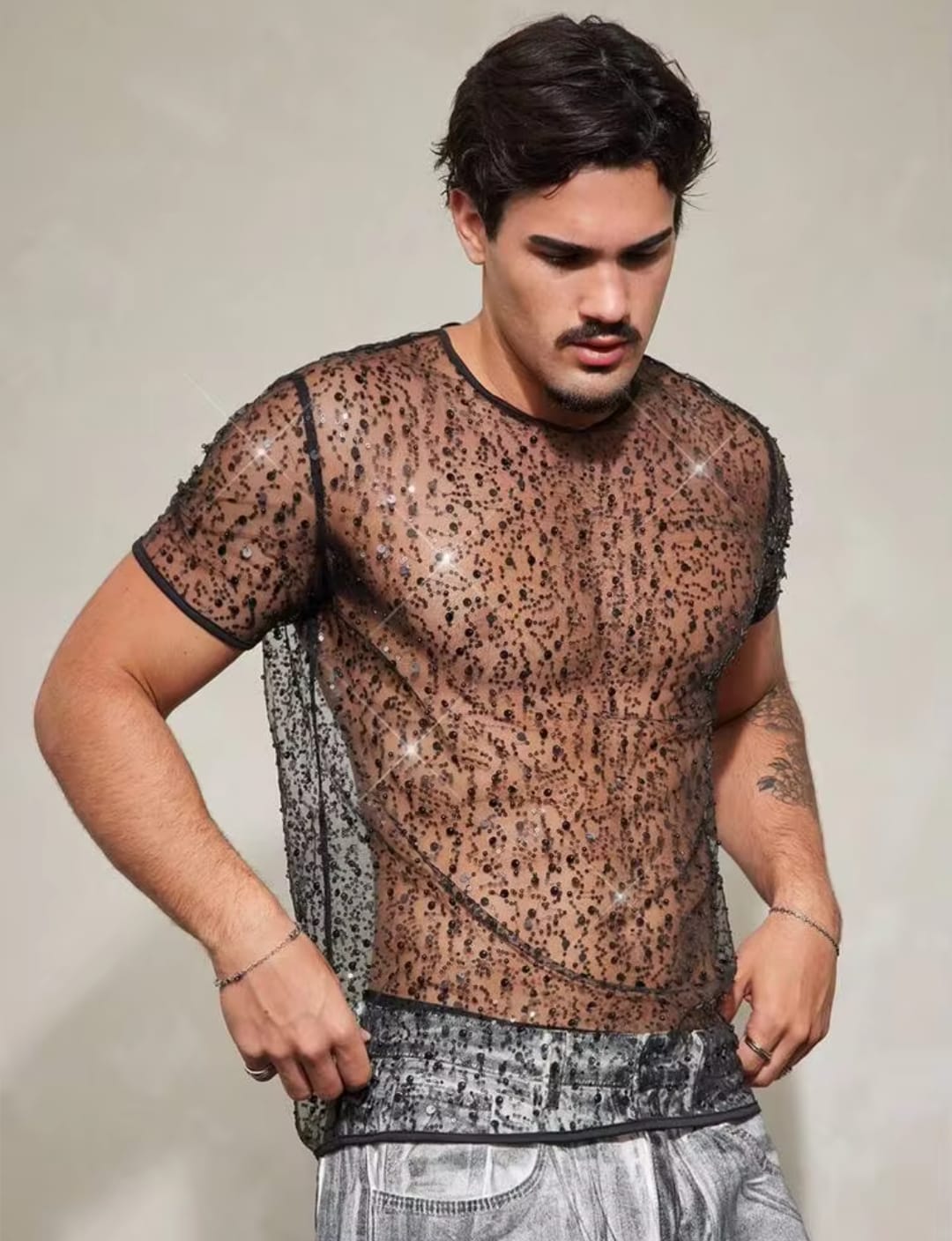 Men's High-Stretch Sheer Mesh Sequin Embellished Short Sleeve Crewneck T-Shirt